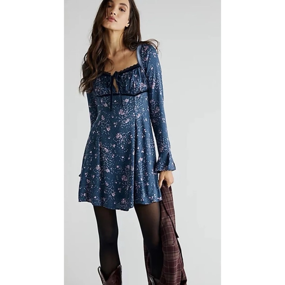 Free People Blue Floral Boho Long Sleeve Mini Dress